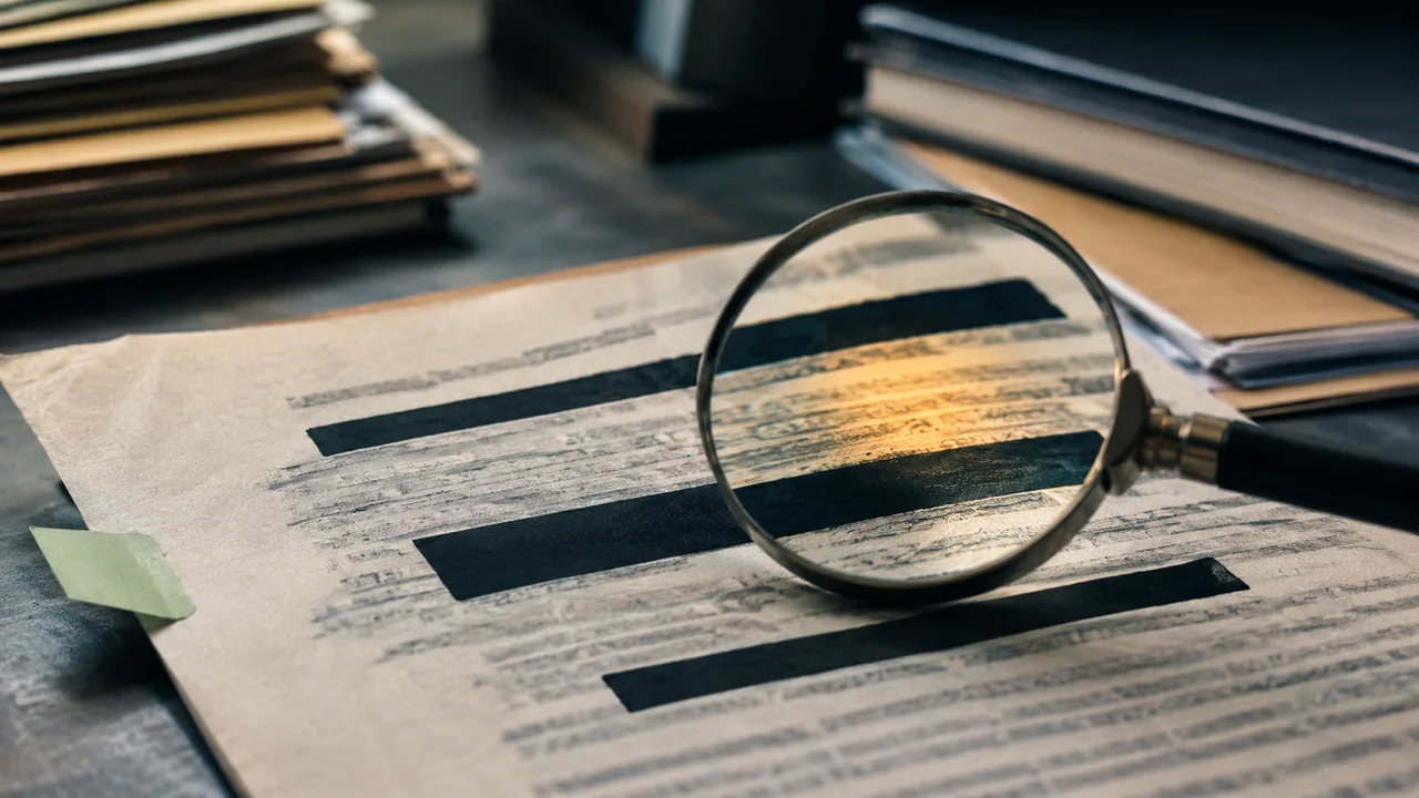 Sample PDF with black boxes inspected by a magnifier